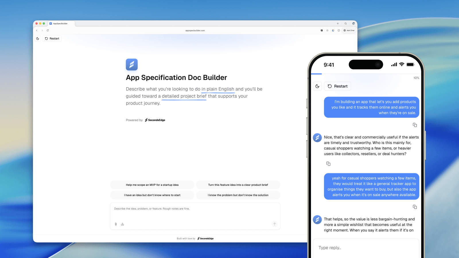 AppSpecBuilder desktop and mobile screens showing the guided app specification flow.