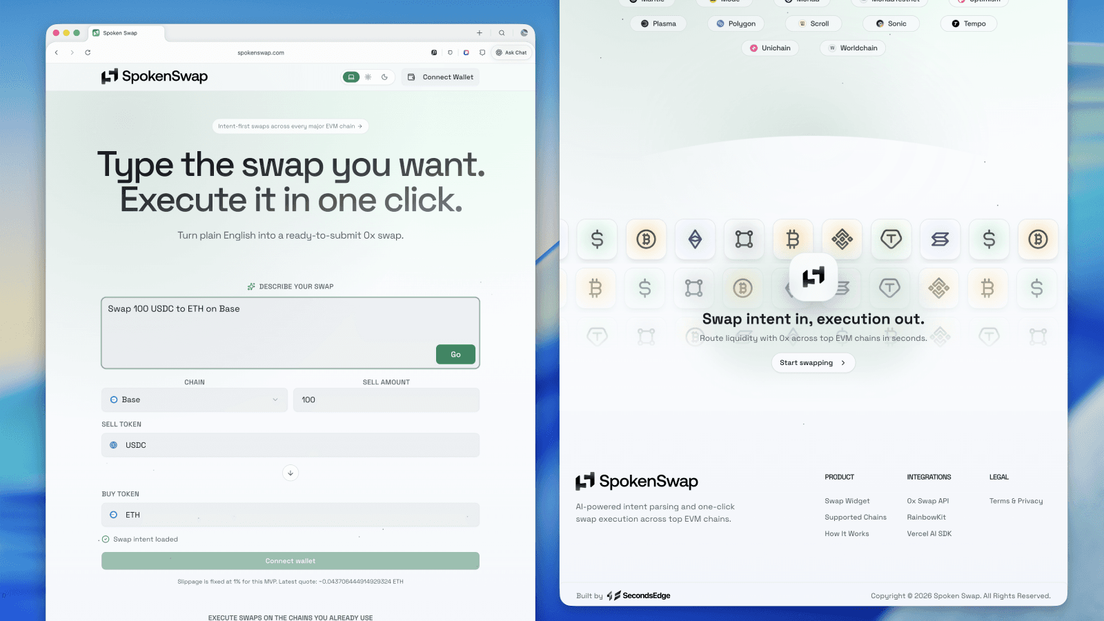 Spoken Swap web interface showing intent-first crypto swap screens.