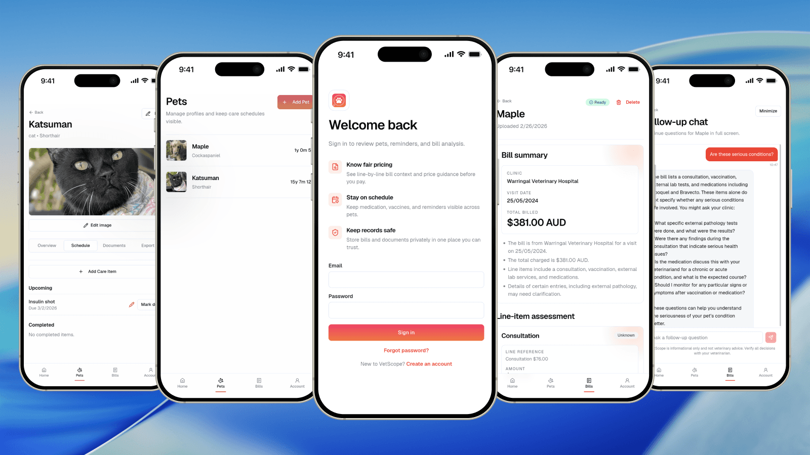 VetScope mobile product screens showing pet records, bill analysis, and follow-up chat.