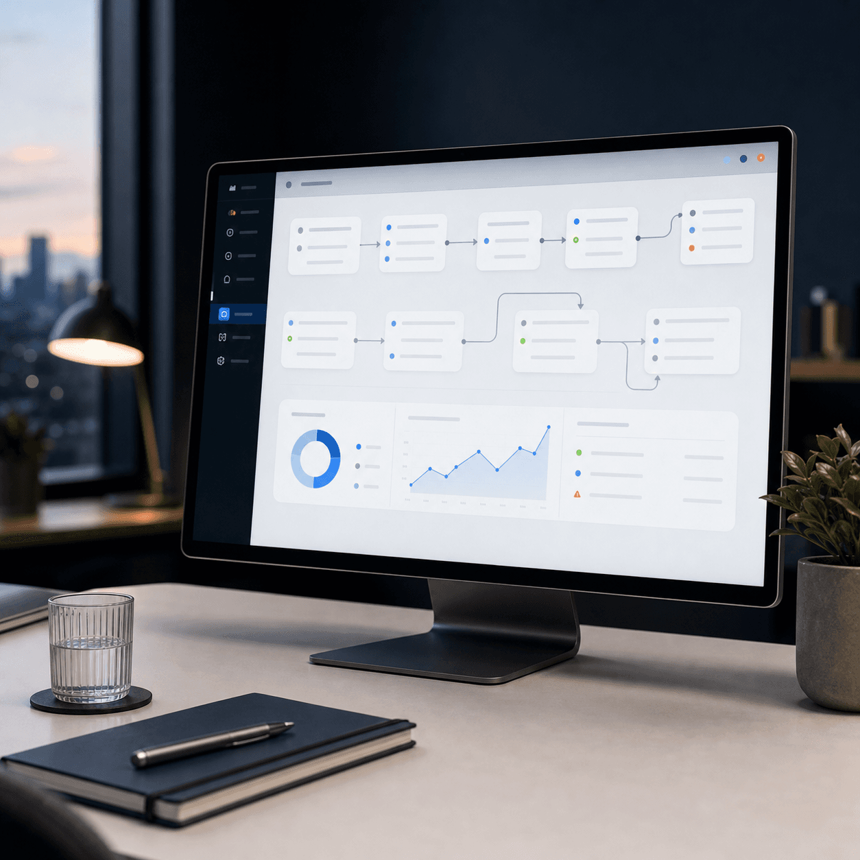 Photoreal workspace monitor showing a clean workflow automation system.