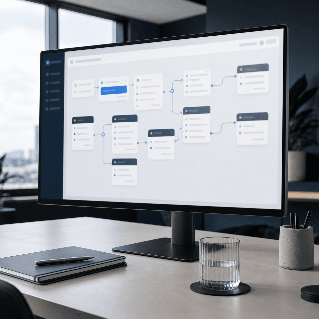 Photoreal office monitor showing a practical workflow automation interface.